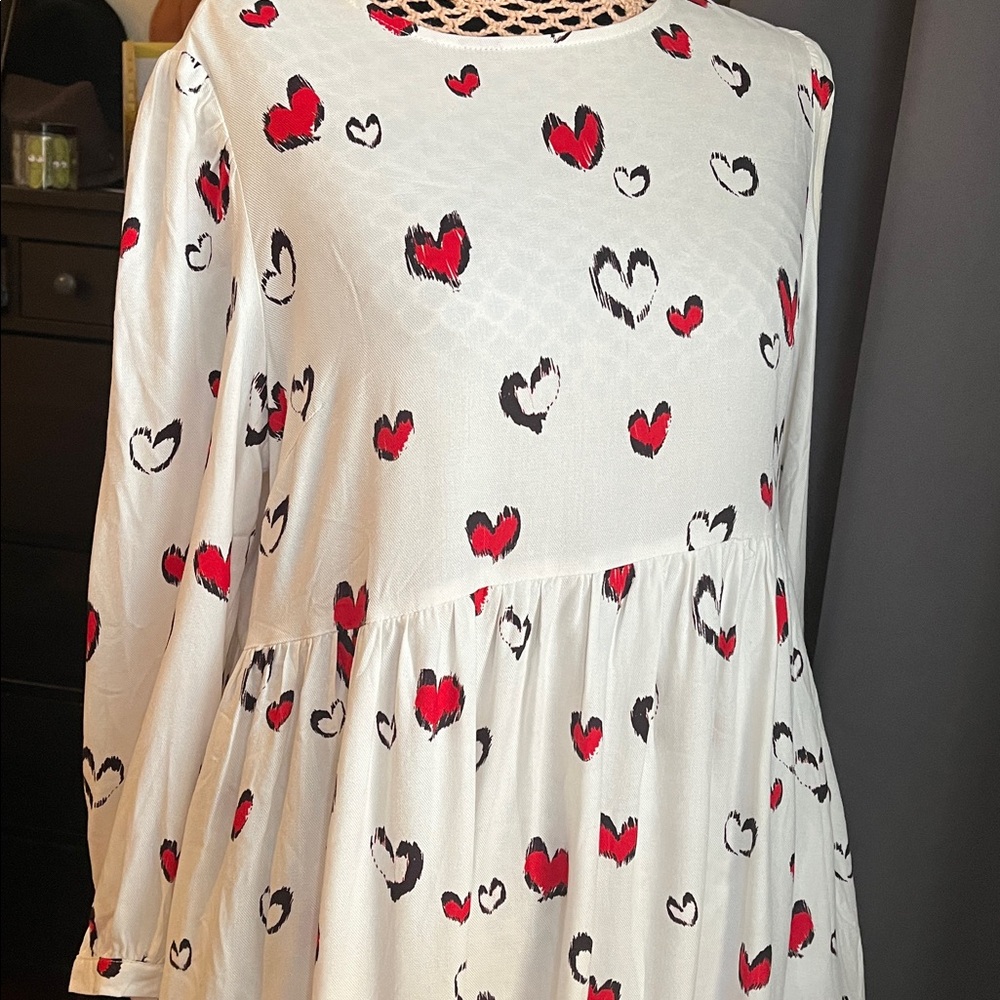 Velvet Heart Long Sleeve Dress  White and Red Heart Pattern